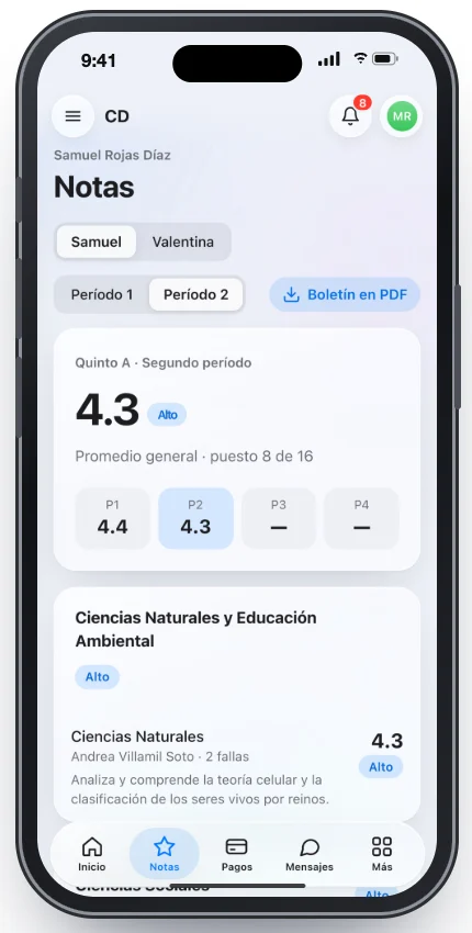 Pantalla de notas del estudiante en la app para familias