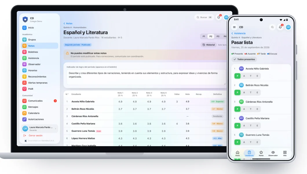 Aula, sistema escolar: planilla de notas en computador y asistencia en celular