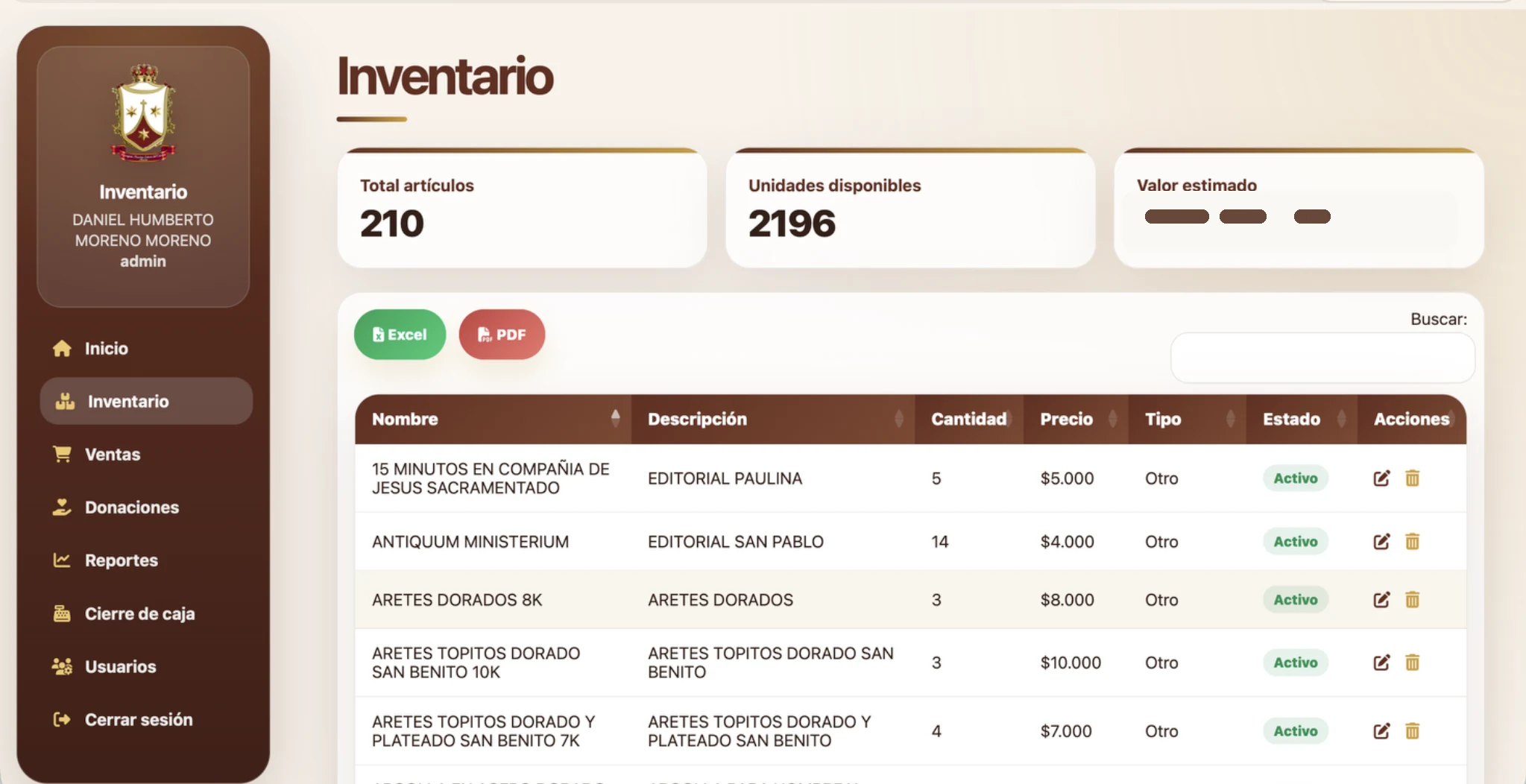 Sistema de inventario parroquial con valor económico protegido